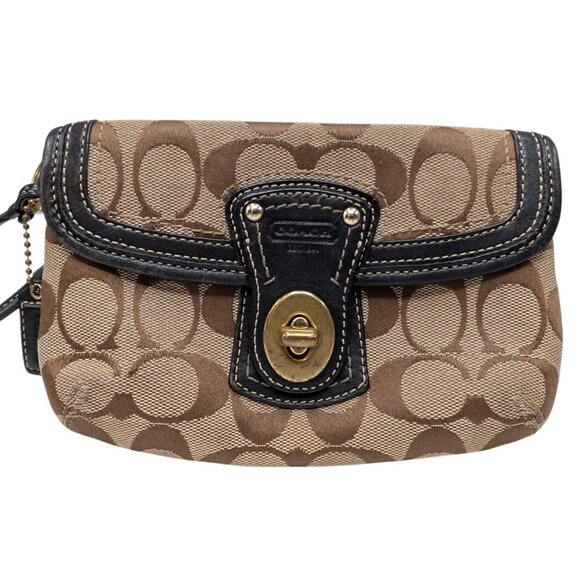 Coach Signature Wristlet Bag Tan Brown Logo Jacquard Black Leather Trim Clutch - Picture 2 of 12